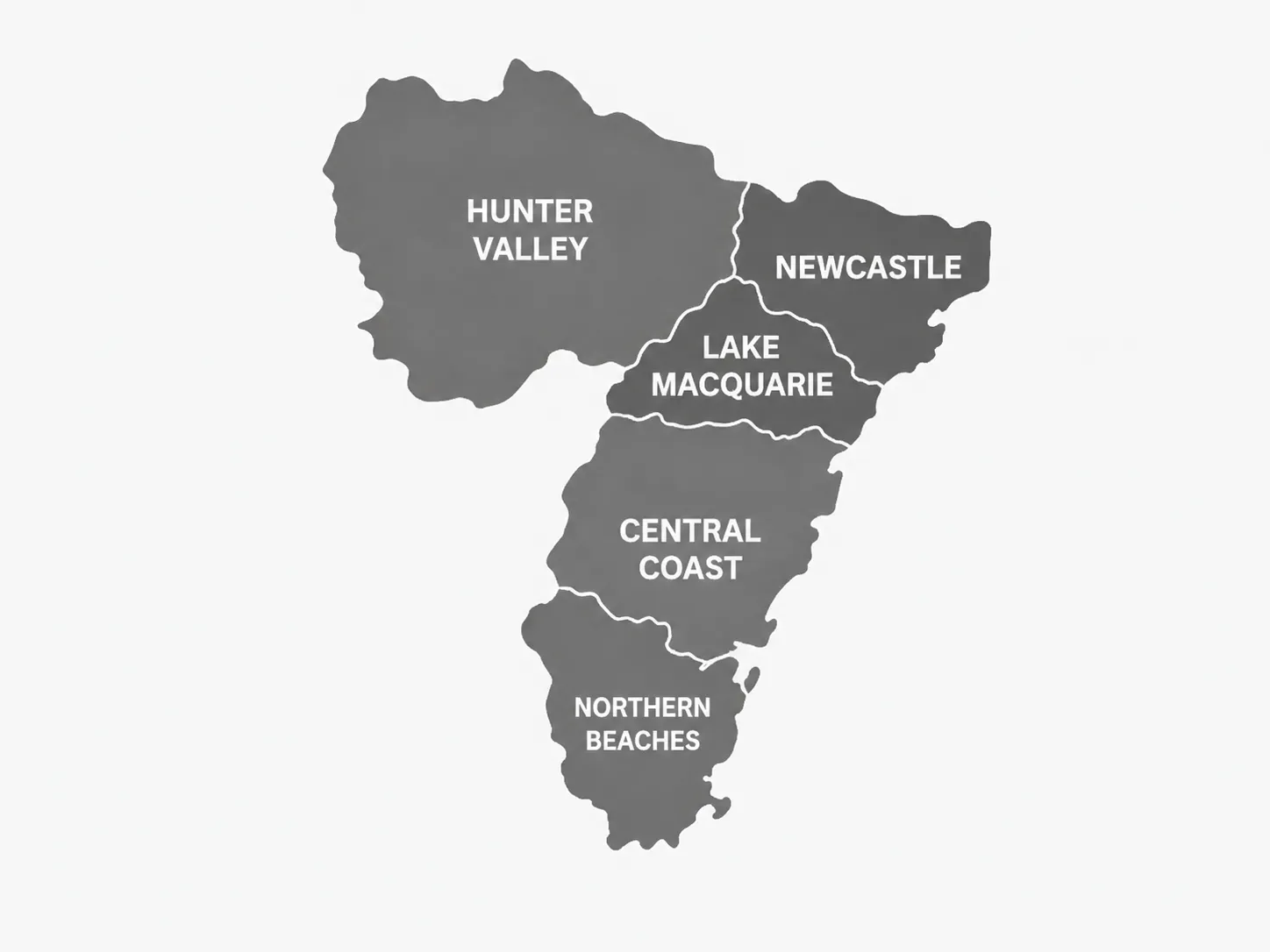 Map of the Central Coast, Newcastle, Lake Macquarie, Northern Beaches and Hunter Valley areas serviced by Coastal Joinery